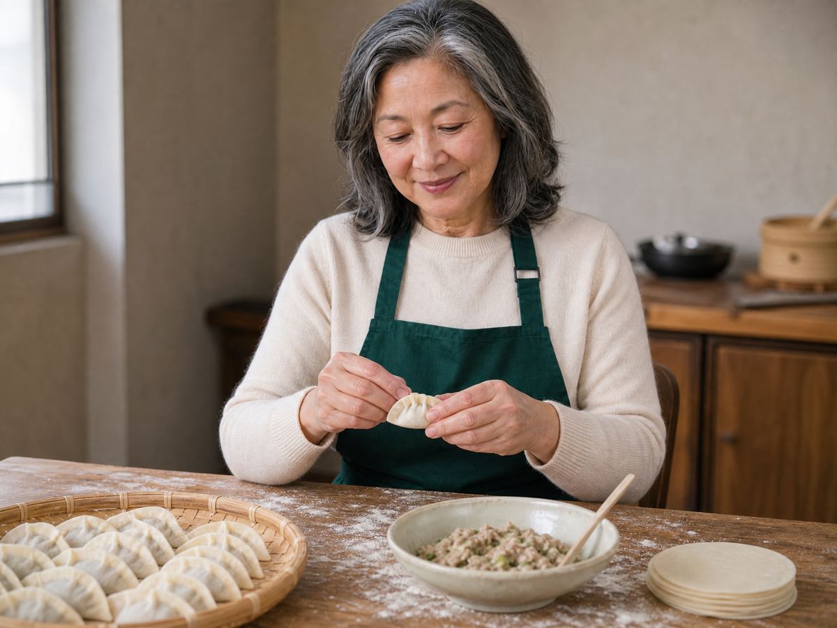 Mei folding dumplings at her kitchen table