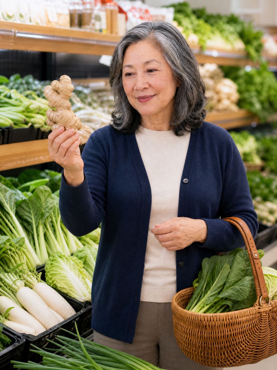 Mei choosing ginger at an Asian grocery