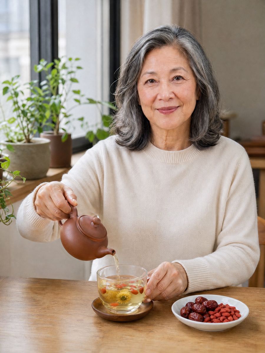 Mei pouring tea by her kitchen window
