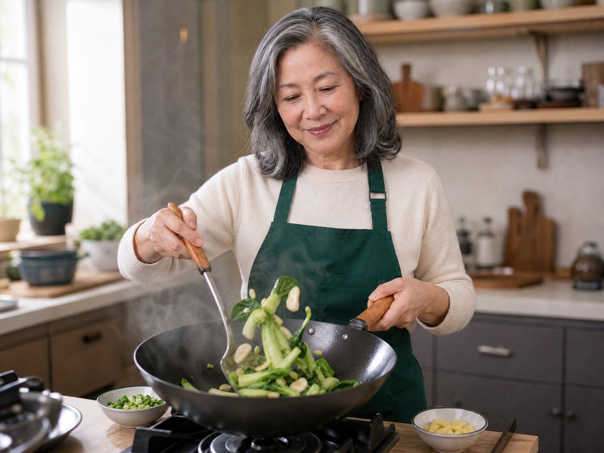 Mei tossing bok choy in a wok